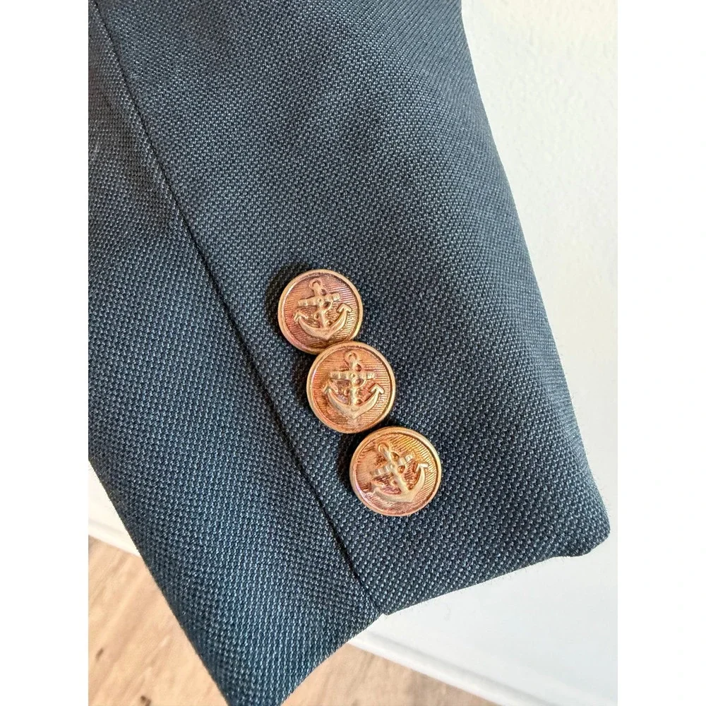 Vintage Mens Navy Blue Double Breasted Blazer Gold Anchor Buttons Nautical